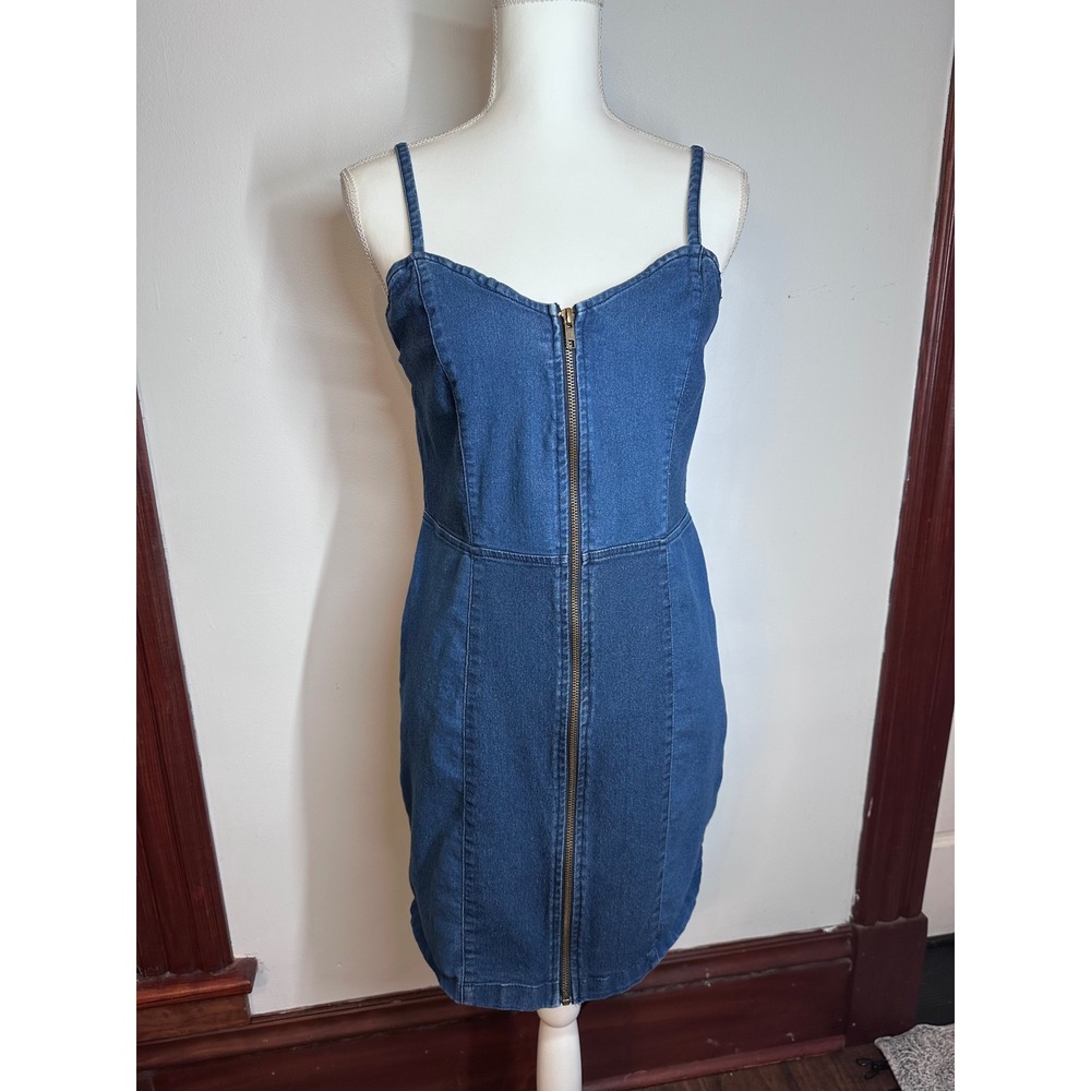 Derek Heart Blue Denim Zip Front Mini Dress Women Large Sweetheart Neckline